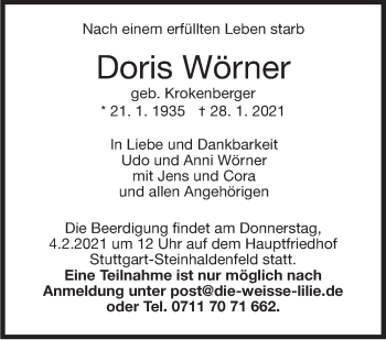 Traueranzeige von Doris Wörner von Stuttgarter Zeitung / Stuttgarter Nachrichten