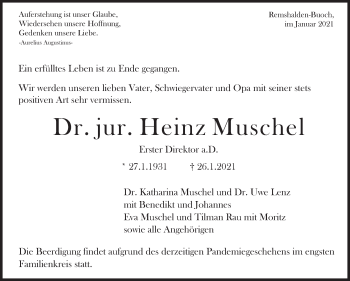 Traueranzeige von Heinz Muschel von Stuttgarter Zeitung / Stuttgarter Nachrichten