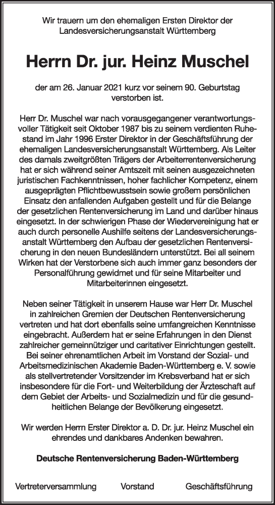  Traueranzeige für Heinz Muschel vom 30.01.2021 aus Stuttgarter Zeitung / Stuttgarter Nachrichten