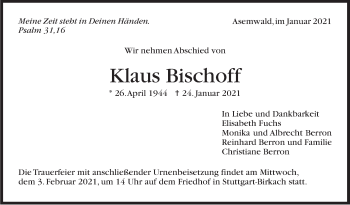 Traueranzeige von Klaus Bischoff von Stuttgarter Zeitung / Stuttgarter Nachrichten