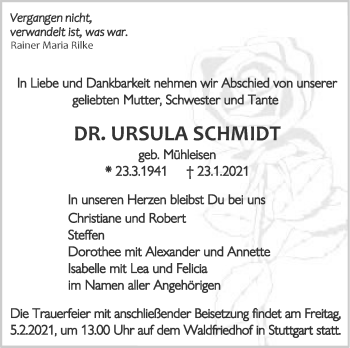 Traueranzeige von Ursula Schmidt  von Stuttgarter Zeitung / Stuttgarter Nachrichten