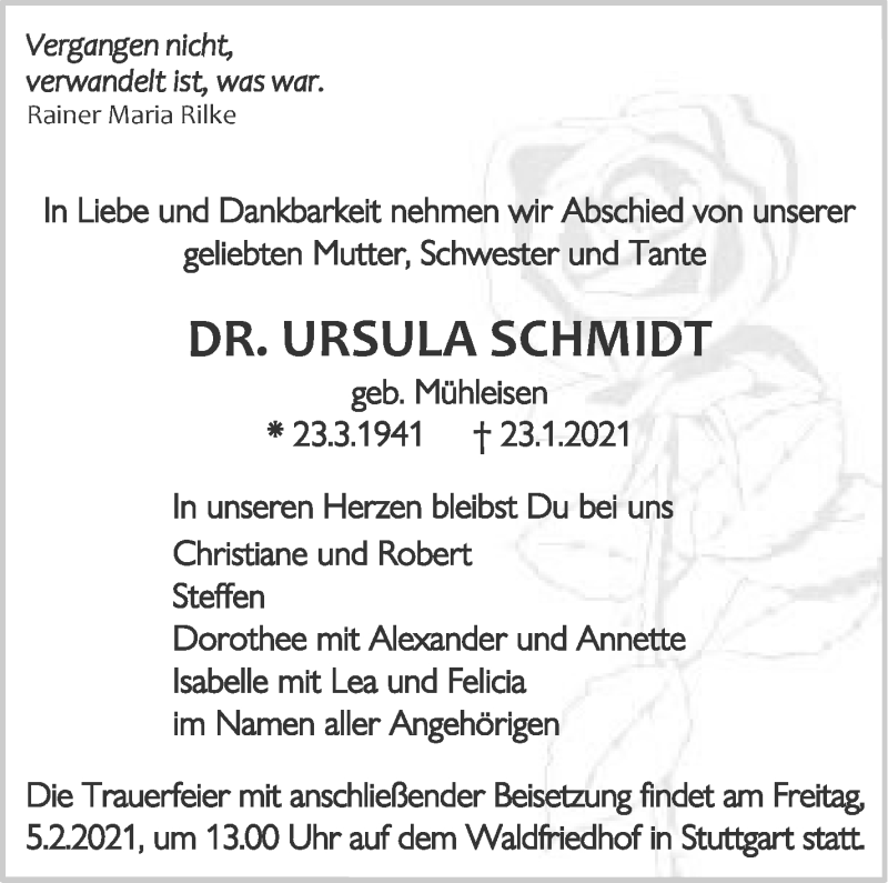  Traueranzeige für Ursula Schmidt  vom 30.01.2021 aus Stuttgarter Zeitung / Stuttgarter Nachrichten