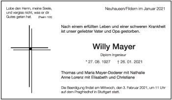 Traueranzeige von Willy Mayer von Stuttgarter Zeitung / Stuttgarter Nachrichten