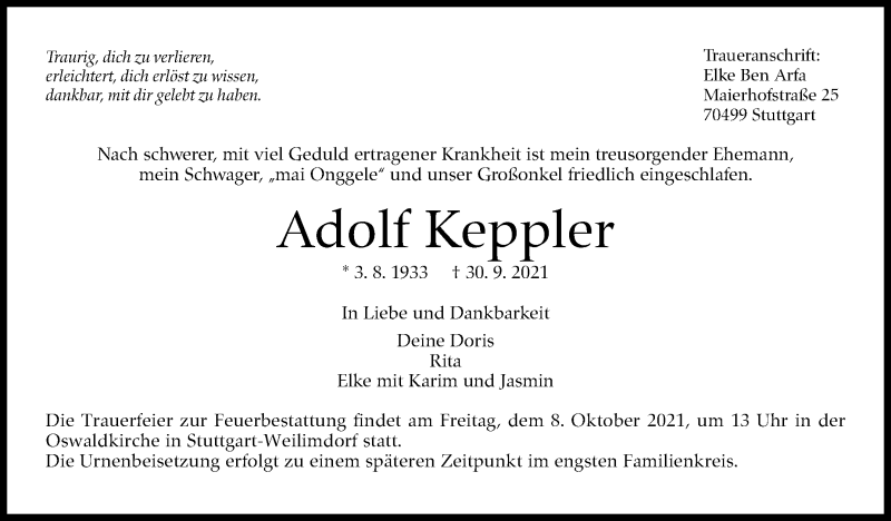 Traueranzeige für Adolf Keppler vom 05.10.2021 aus Stuttgarter Zeitung / Stuttgarter Nachrichten