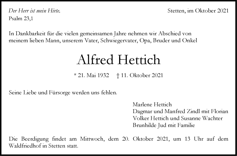  Traueranzeige für Alfred Hettich vom 15.10.2021 aus Stuttgarter Zeitung / Stuttgarter Nachrichten
