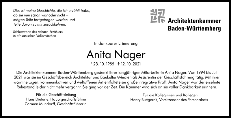  Traueranzeige für Anita Nager vom 23.10.2021 aus Stuttgarter Zeitung / Stuttgarter Nachrichten