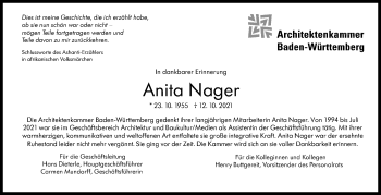 Traueranzeige von Anita Nager von Stuttgarter Zeitung / Stuttgarter Nachrichten