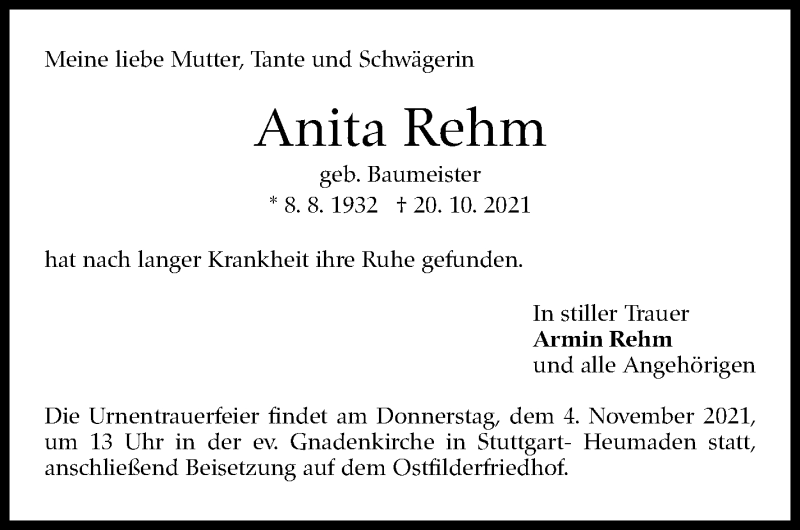  Traueranzeige für Anita Rehm vom 27.10.2021 aus Stuttgarter Zeitung / Stuttgarter Nachrichten