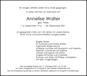 Traueranzeige von Annelise Walter von Stuttgarter Zeitung / Stuttgarter Nachrichten