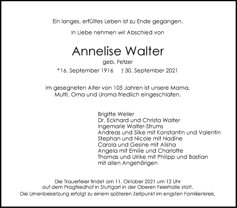  Traueranzeige für Annelise Walter vom 08.10.2021 aus Stuttgarter Zeitung / Stuttgarter Nachrichten