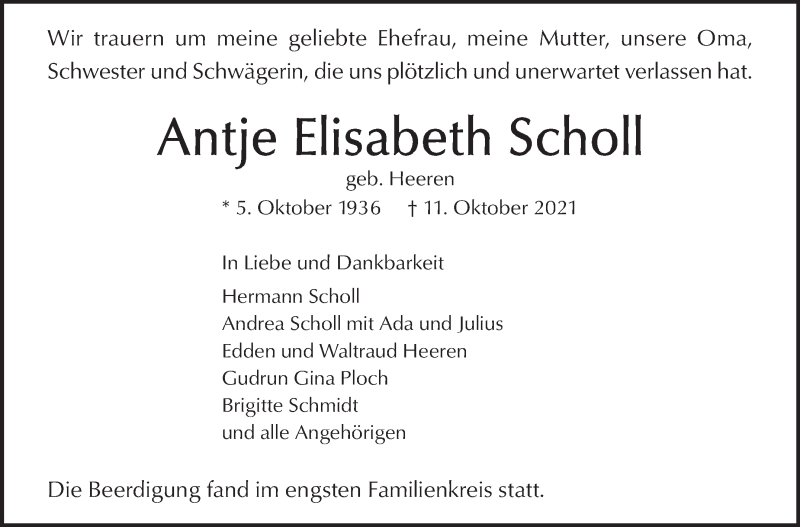  Traueranzeige für Antje Elisabeth Scholl vom 20.10.2021 aus Stuttgarter Zeitung / Stuttgarter Nachrichten