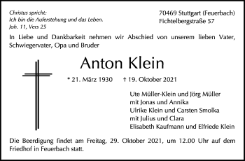 Traueranzeige von Anton Klein von Stuttgarter Zeitung / Stuttgarter Nachrichten