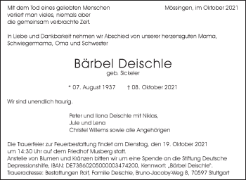 Traueranzeige von Bärbel Deischle von Stuttgarter Zeitung / Stuttgarter Nachrichten