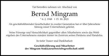 Traueranzeige von Bernd Mingram von Stuttgarter Zeitung / Stuttgarter Nachrichten