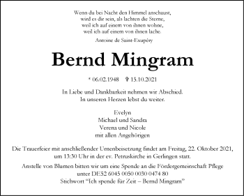Traueranzeige von Bernd Mingram von Stuttgarter Zeitung / Stuttgarter Nachrichten