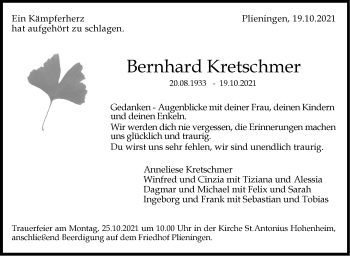 Traueranzeige von Bernhard Kretschmer von Stuttgarter Zeitung / Stuttgarter Nachrichten