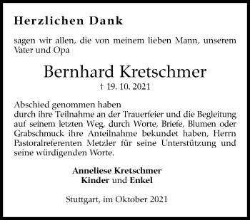 Traueranzeige von Bernhard Kretschmer von Stuttgarter Zeitung / Stuttgarter Nachrichten