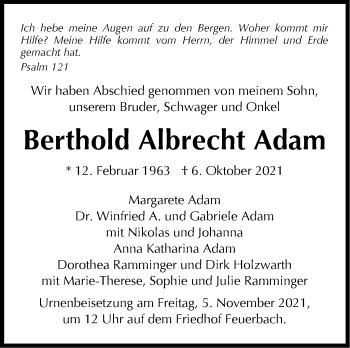 Traueranzeige von Berthold  Adam von Stuttgarter Zeitung / Stuttgarter Nachrichten