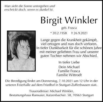 Traueranzeige von Birgit Winkler von Stuttgarter Zeitung / Stuttgarter Nachrichten