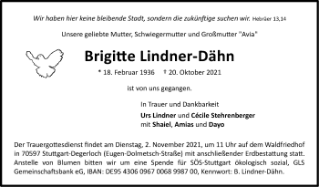 Traueranzeige von Brigitte Lindner-Dähn von Stuttgarter Zeitung / Stuttgarter Nachrichten
