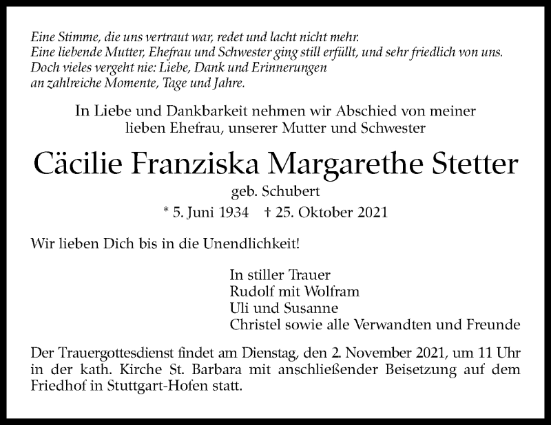  Traueranzeige für Cäcilie Franziska Margarethe Stetter vom 29.10.2021 aus Stuttgarter Zeitung / Stuttgarter Nachrichten