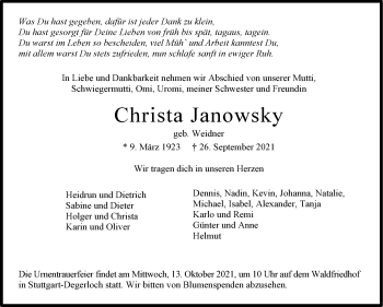 Traueranzeige von Christa Janowsky von Stuttgarter Zeitung / Stuttgarter Nachrichten