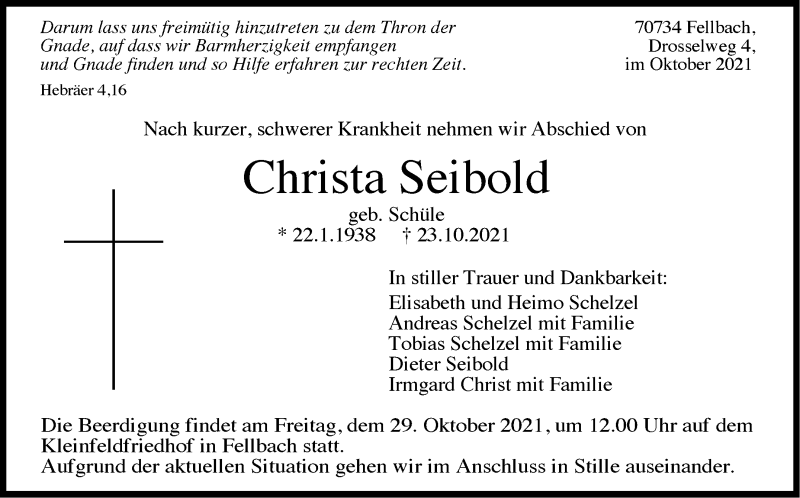  Traueranzeige für Christa Seibold vom 28.10.2021 aus Stuttgarter Zeitung / Stuttgarter Nachrichten