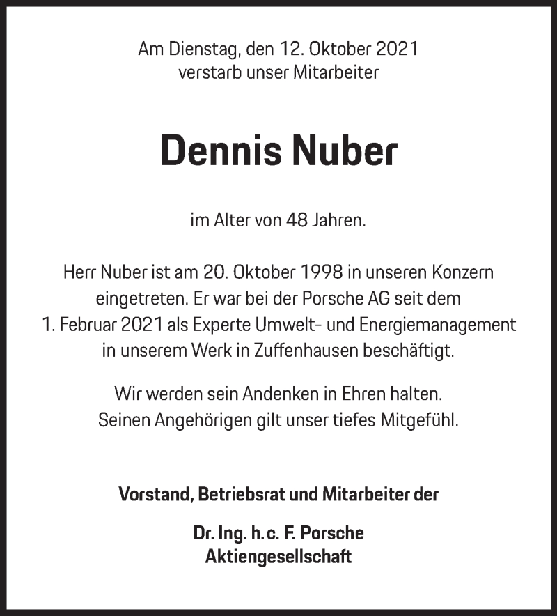  Traueranzeige für Dennis Nuber vom 28.10.2021 aus Stuttgarter Zeitung / Stuttgarter Nachrichten