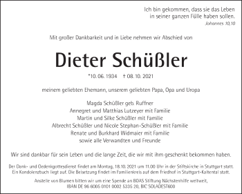 Traueranzeige von Dieter Schüßler von Stuttgarter Zeitung / Stuttgarter Nachrichten
