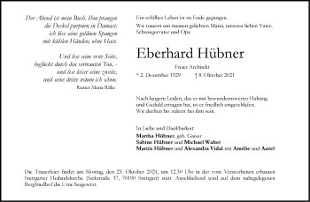 Traueranzeige von Eberhard Hübner von Stuttgarter Zeitung / Stuttgarter Nachrichten