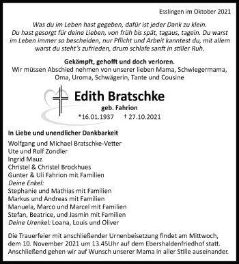Traueranzeige von Edith Bratschke von Stuttgarter Zeitung / Stuttgarter Nachrichten