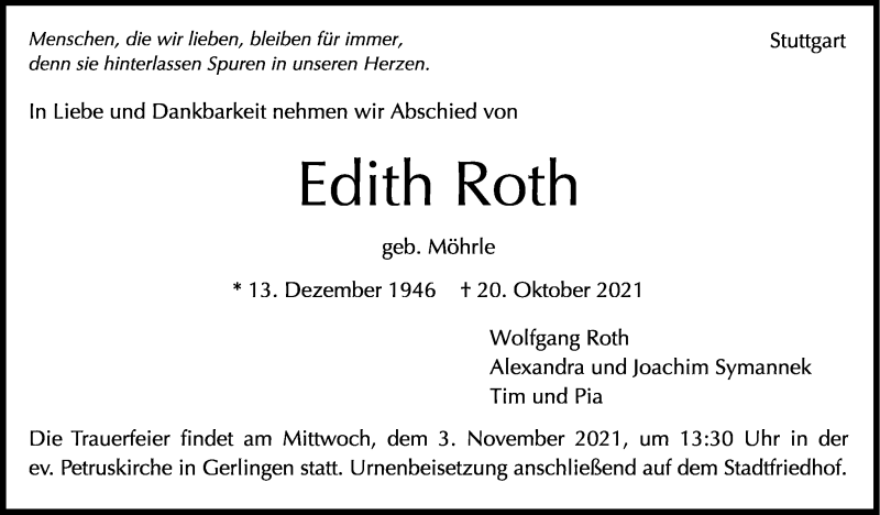  Traueranzeige für Edith Roth vom 26.10.2021 aus Stuttgarter Zeitung / Stuttgarter Nachrichten