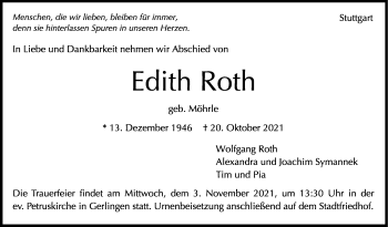Traueranzeige von Edith Roth von Stuttgarter Zeitung / Stuttgarter Nachrichten