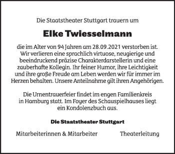 Traueranzeige von Elke Twiesselmann von Stuttgarter Zeitung / Stuttgarter Nachrichten
