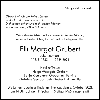 Traueranzeige von Elli Margot Grubert von Stuttgarter Zeitung / Stuttgarter Nachrichten