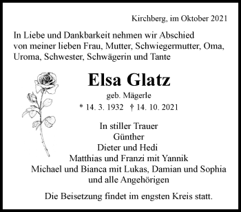 Traueranzeige von Elsa Glatz von Stuttgarter Zeitung / Stuttgarter Nachrichten