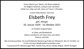 Traueranzeige von Elsbeth Frey Frey von Stuttgarter Zeitung / Stuttgarter Nachrichten