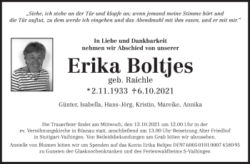 Traueranzeige von Erika Boltjes von Stuttgarter Zeitung / Stuttgarter Nachrichten