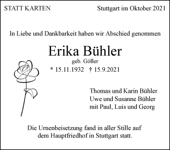 Traueranzeige von Erika Bühler von Stuttgarter Zeitung / Stuttgarter Nachrichten