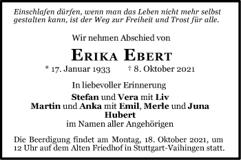 Traueranzeige von Erika Ebert von Stuttgarter Zeitung / Stuttgarter Nachrichten