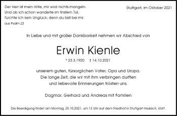 Traueranzeige von Erwin Kienle von Stuttgarter Zeitung / Stuttgarter Nachrichten