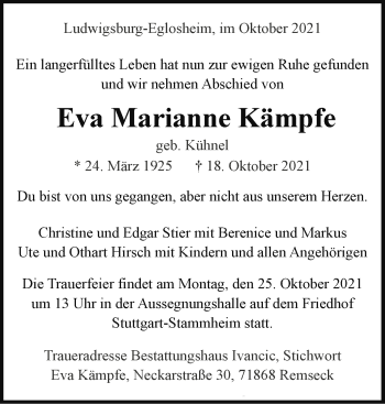 Traueranzeige von Eva Marianne Kämpfe von Stuttgarter Zeitung / Stuttgarter Nachrichten