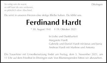 Traueranzeige von Ferdinand Hardt von Stuttgarter Zeitung / Stuttgarter Nachrichten