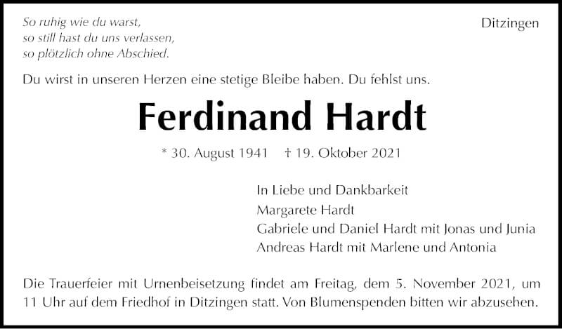  Traueranzeige für Ferdinand Hardt vom 30.10.2021 aus Stuttgarter Zeitung / Stuttgarter Nachrichten