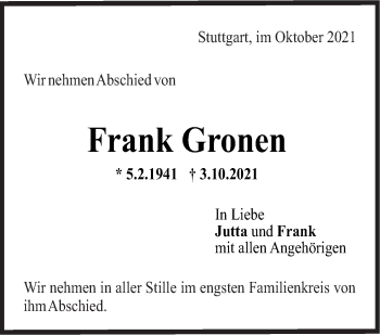Traueranzeige von Frank Gronen von Stuttgarter Zeitung / Stuttgarter Nachrichten