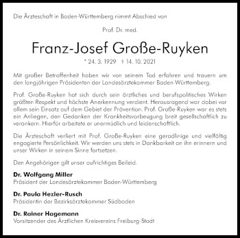 Traueranzeige von Franz-Josef Große-Ruyken von Stuttgarter Zeitung / Stuttgarter Nachrichten