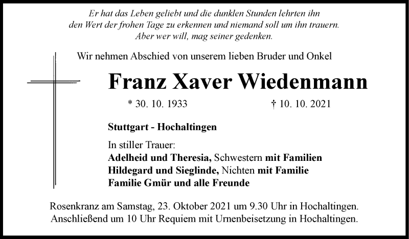  Traueranzeige für Franz Xaver Wiedenmann vom 20.10.2021 aus Stuttgarter Zeitung / Stuttgarter Nachrichten