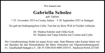 Traueranzeige von Gabriella Scholze von Stuttgarter Zeitung / Stuttgarter Nachrichten