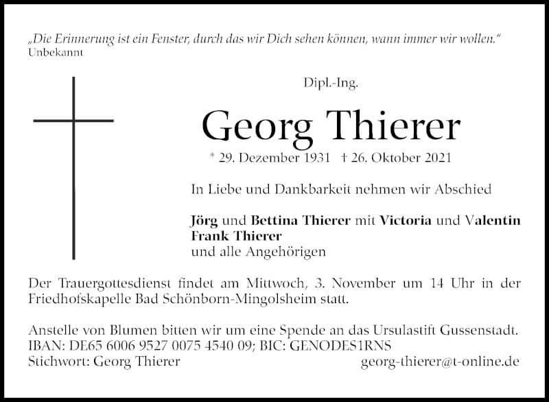 Traueranzeige für Georg Thierer vom 30.10.2021 aus Stuttgarter Zeitung / Stuttgarter Nachrichten