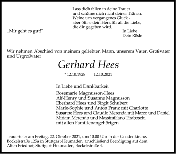 Traueranzeige von Gerhard Hees von Stuttgarter Zeitung / Stuttgarter Nachrichten